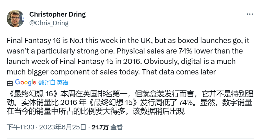 《最终幻想16》实体版英国地区首周销量不及前作一半！