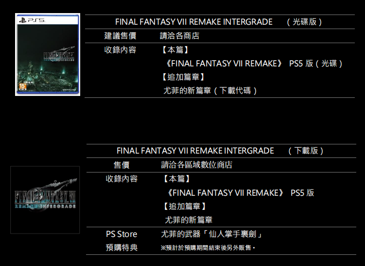 《最终幻想7 重制版 INTERGRADE》正式开放预购