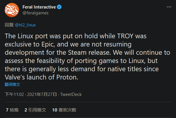 《全面战争传奇：特洛伊》原计划Linux移植版被取消