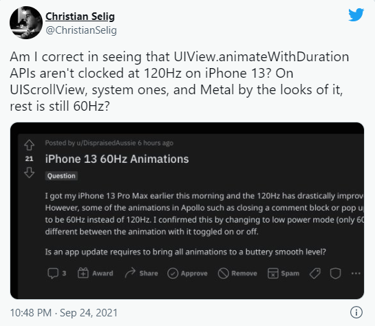 iPhone 13 Pro：多数第三方App动画被限制为 60Hz！