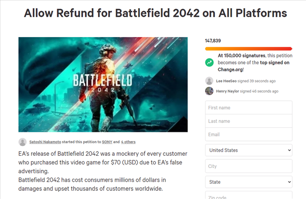 《战地2042》Steam玩家流失9成 近15万人请愿退款