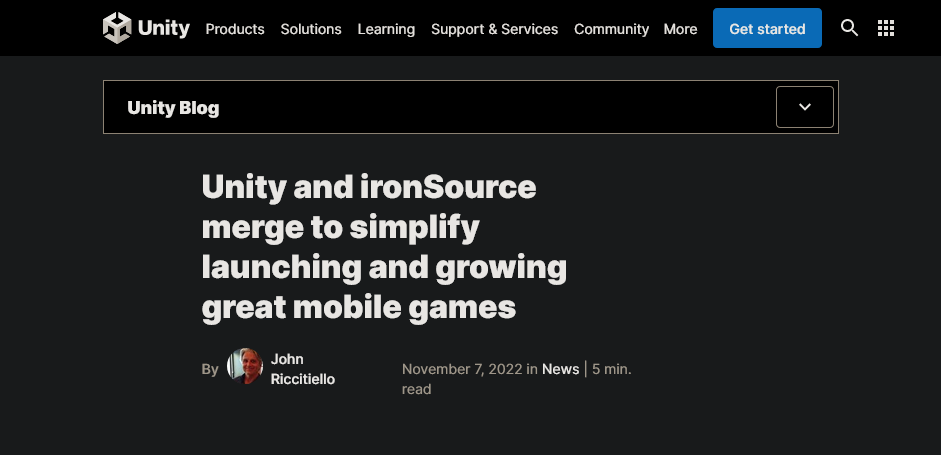 引擎开发商Unity于IronSource合并现已完成