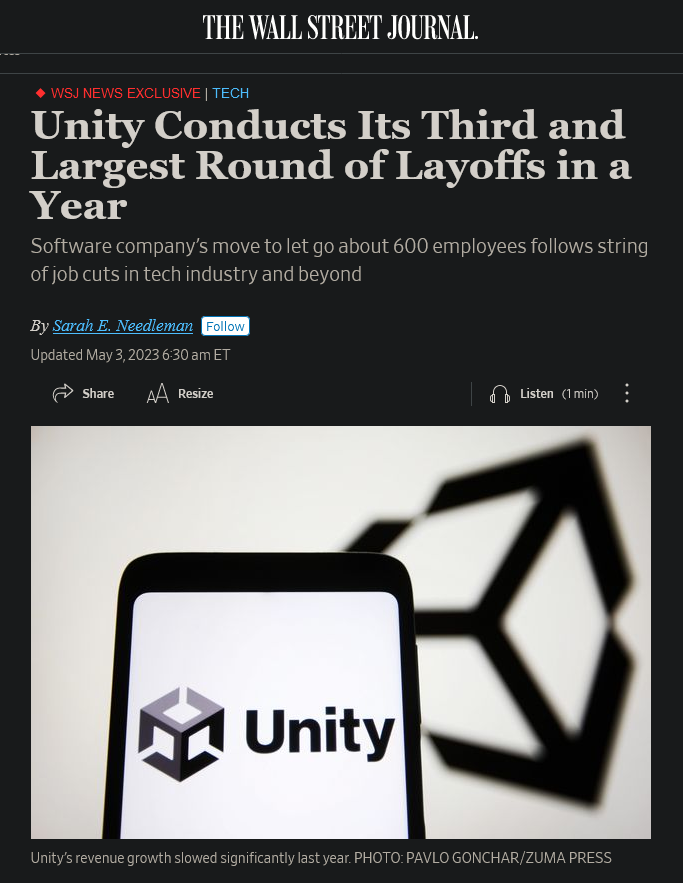 引擎开发商Unity大幅缩减：再次裁员600人！