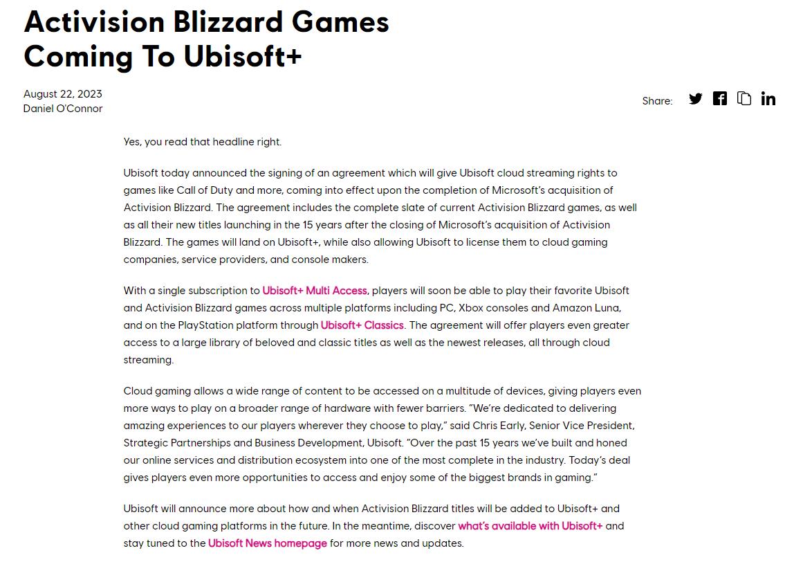 育碧与微软签署协议 动视暴雪游戏将登陆Ubisoft+