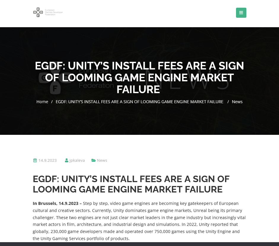 受Unity安装费影响 欧洲开发者联盟呼吁欧盟监管