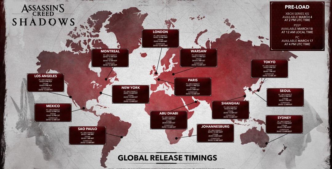 《刺客信条：影》全球解锁和预载时间公布 育碧connect最早解锁