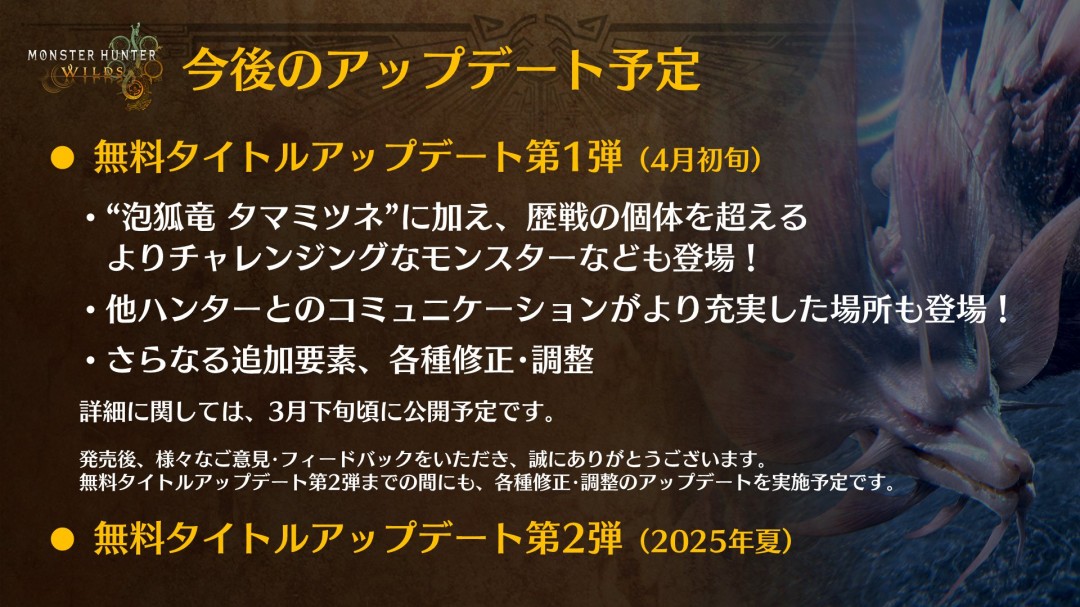 《怪物猎人：荒野》首个免费更新详情将于3月下旬公布